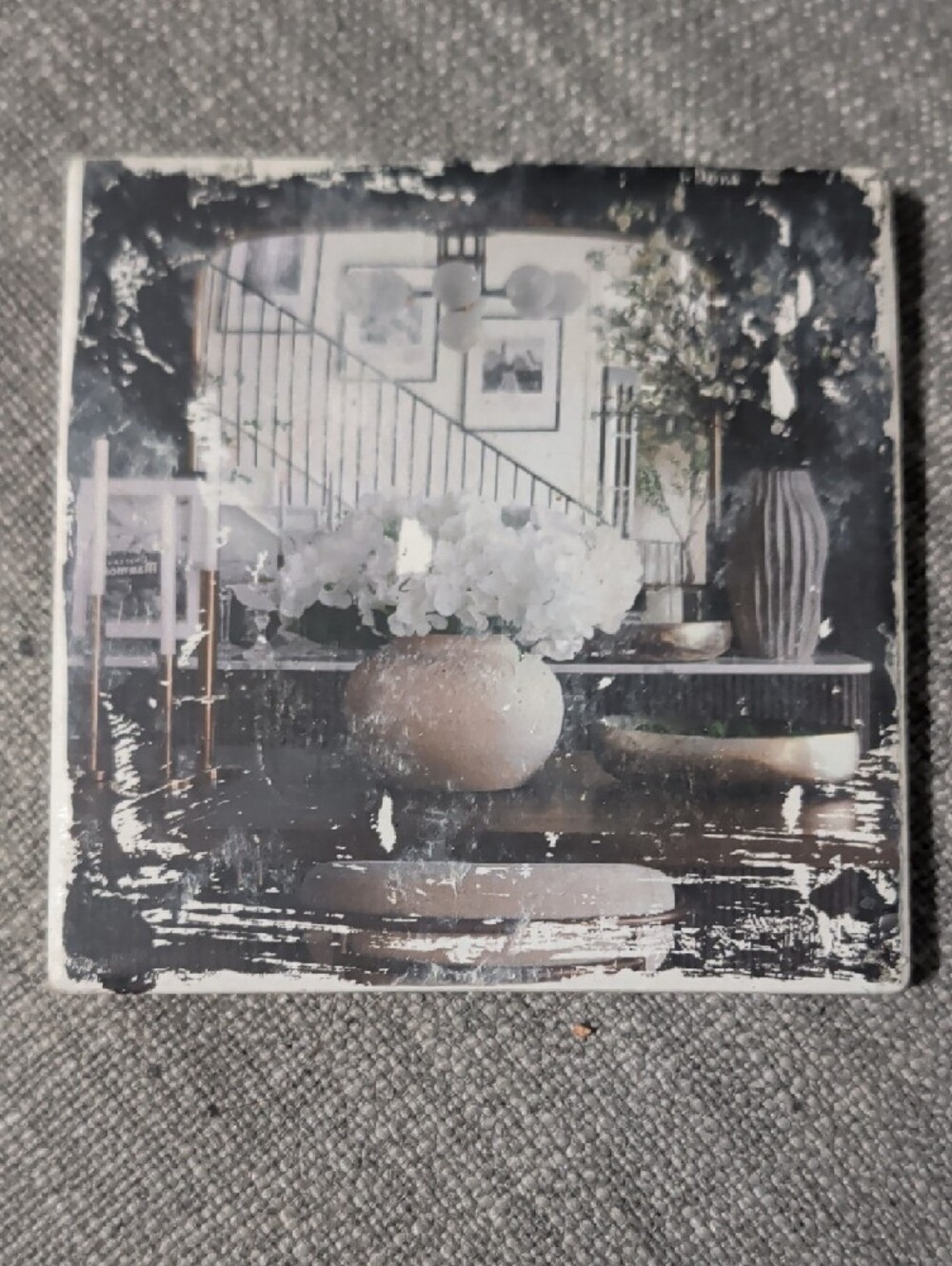 Black & White Decorative Photo Square Coaster - Floral Still Life Handcrafted